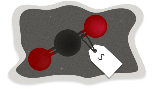 Illustration of a carbon dioxide molecule with a price tag hanging off of it