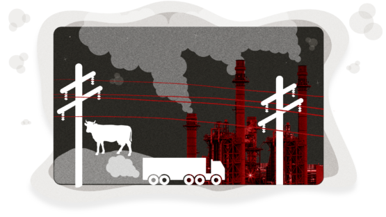 Illustration with power lines, a cow, a truck and a power plant. Gas clouds are coming out of the truck and power plant.