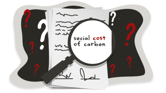 Illustration of a magnifying glass over a a document, revealing the words "social cost of carbon." The document is otherwise illegible but seems to have two signature lines at the bottom.