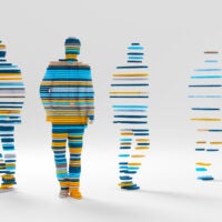 Abstract 3D render of a sliced male figure
