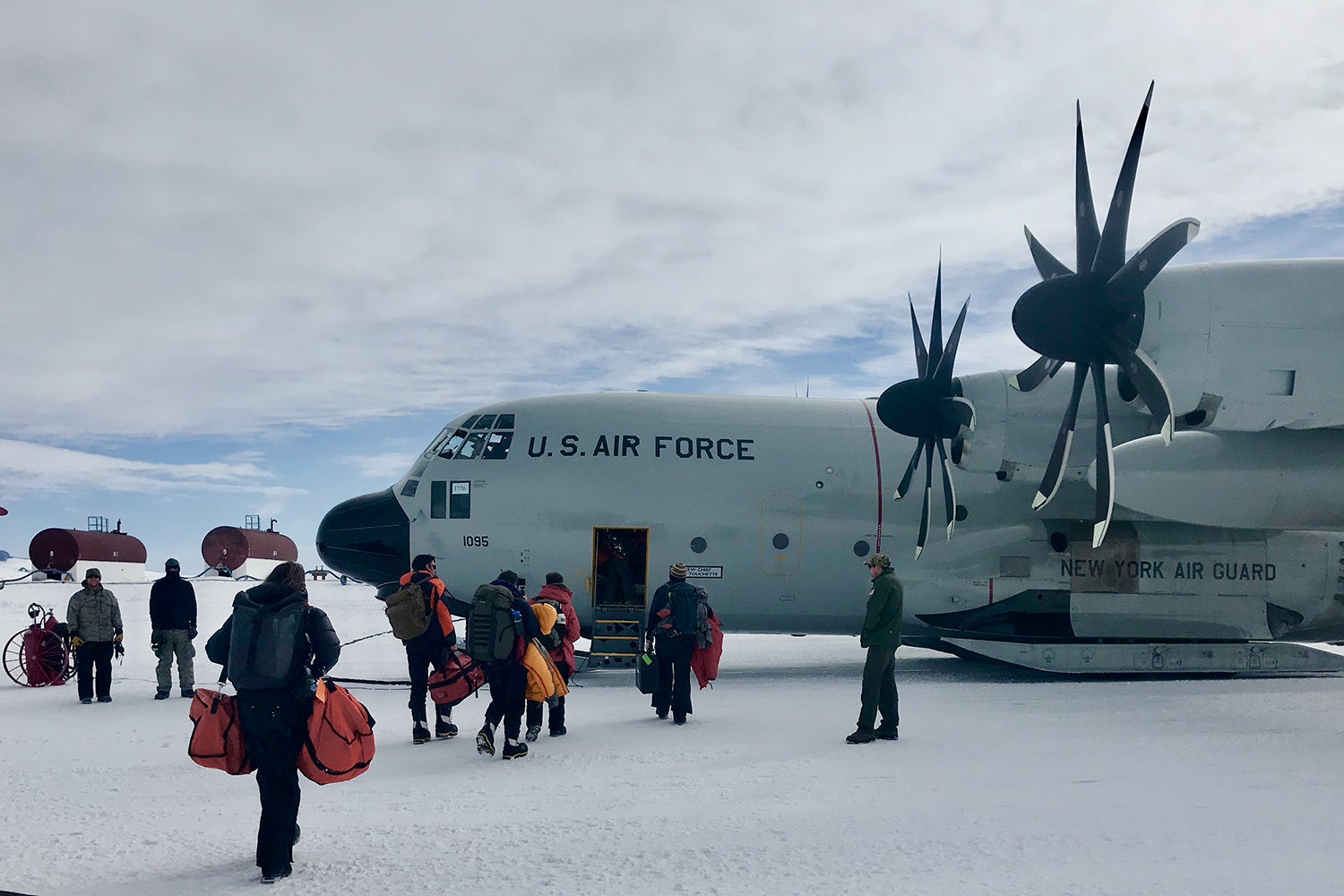 U.S. Air Force LC-130 Hercules picks up scientists at McMurdo Station, Antarctica, at the end of the field season, bound for Christchurch, New Zealand.